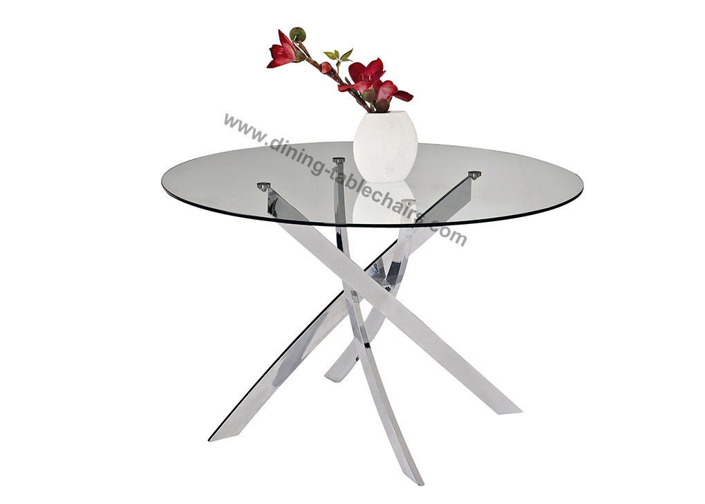 Clear Glass Glossy Chrome Round Dining Table Dia 1.2 Meter Glossy Chromed Legs